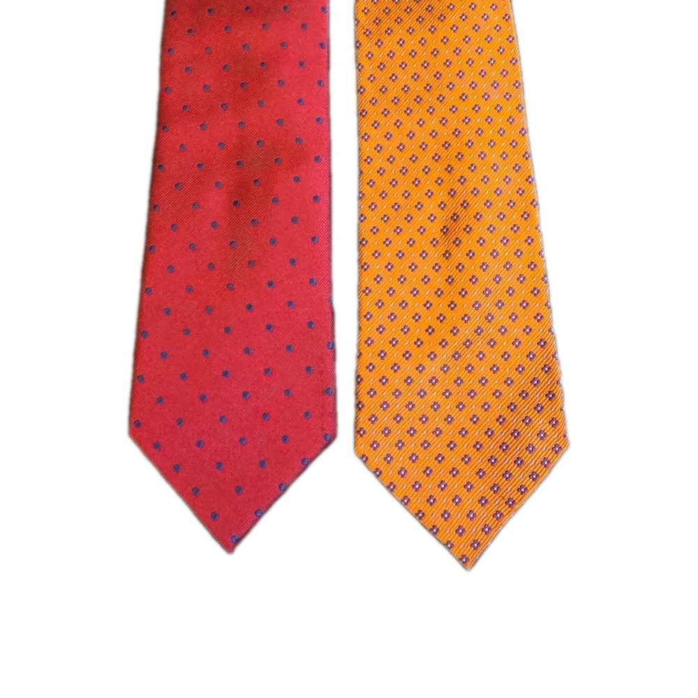 LOT OF 2- JOS A BANK TIES, ORANGE, RED,  POLKA DOT, GEOMETRIC 100% SILK-READ